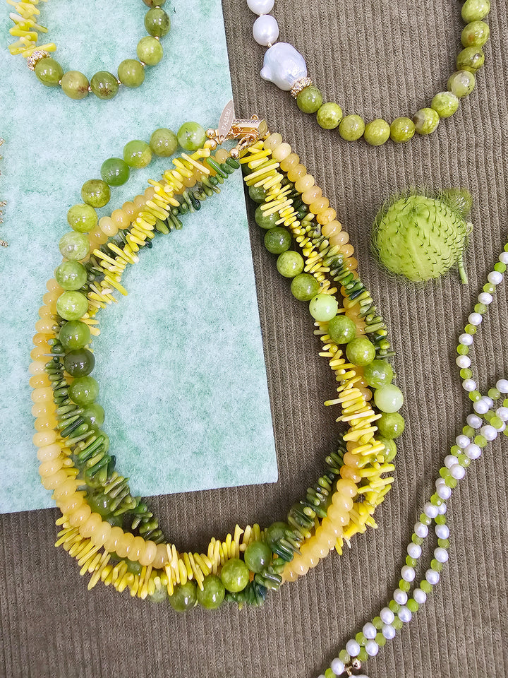 Artistic Green And Yellow Gemstone Multi-Layer Chunky Necklace SN035