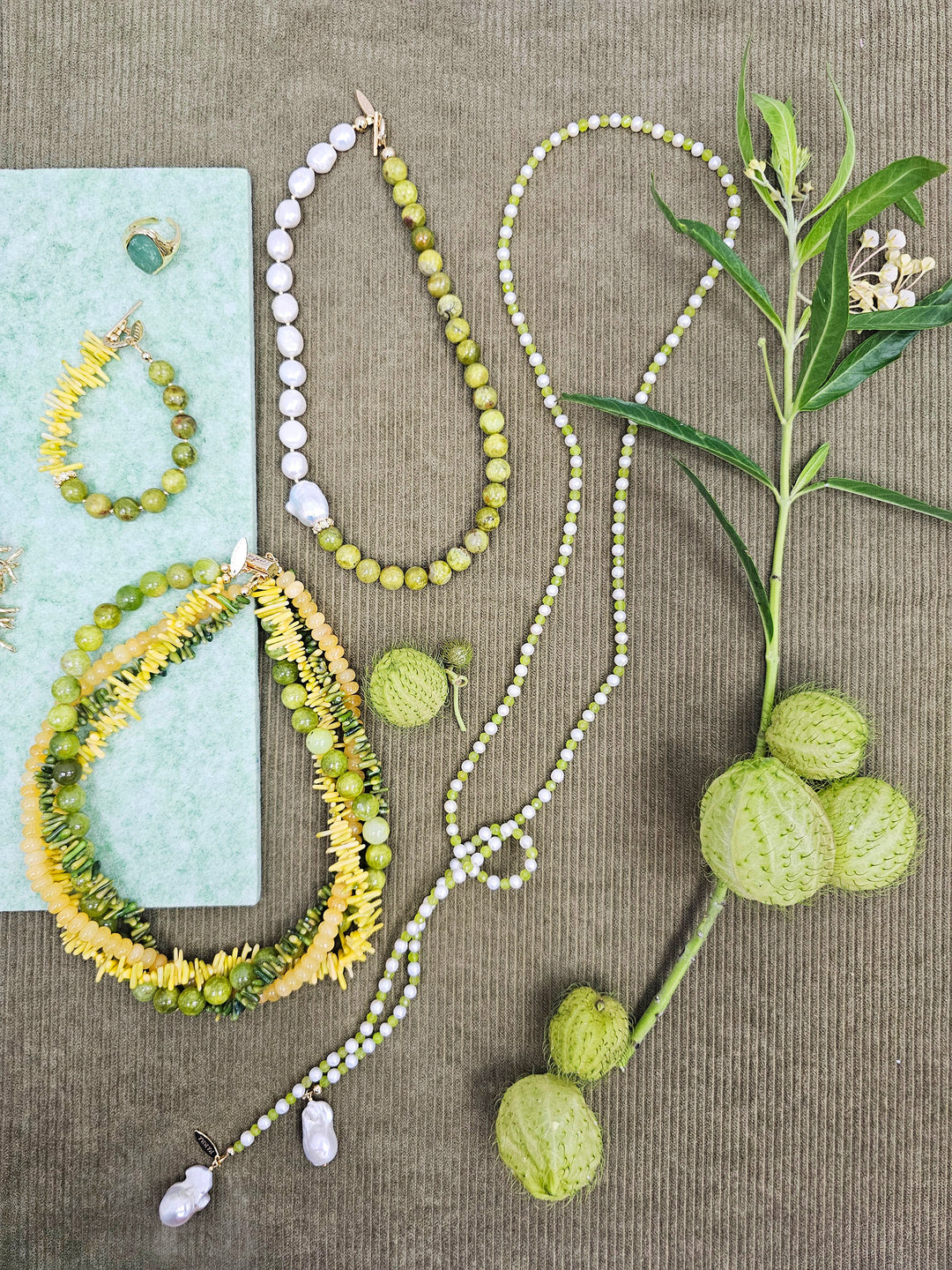 Pearl And Green Agate With Baroque Pearl Drops Open Ended Long Necklace SN036