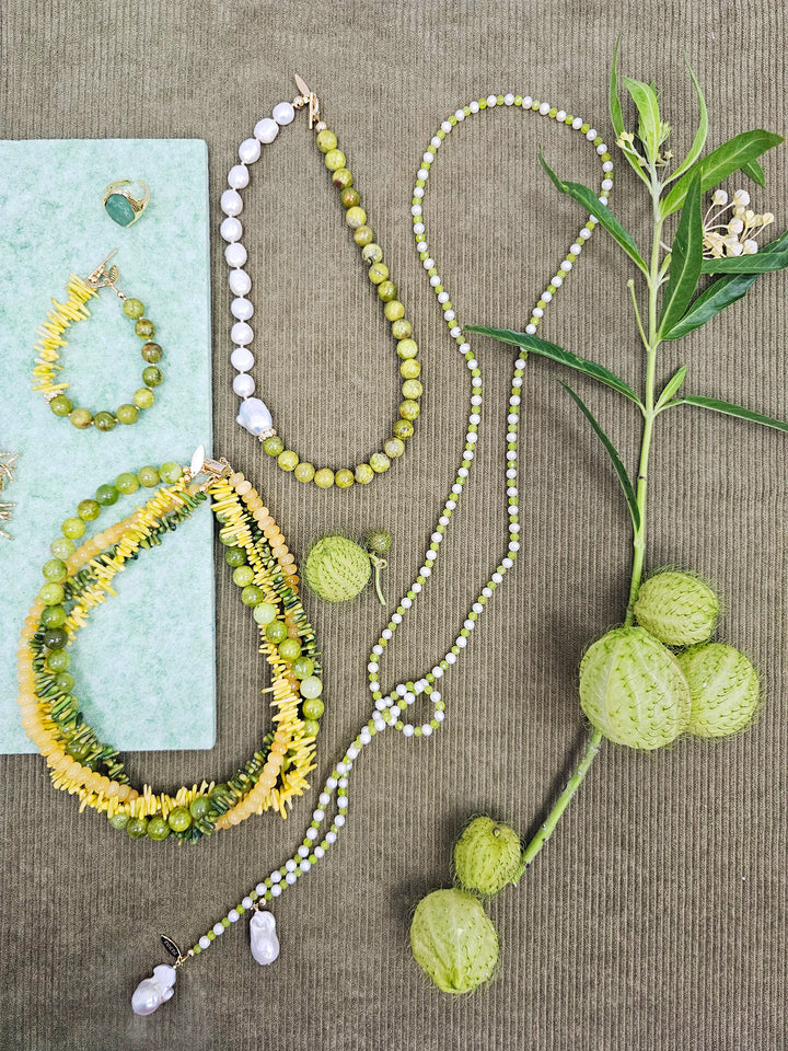 Pearl And Green Agate With Baroque Pearl Drops Open Ended Long Necklace SN036