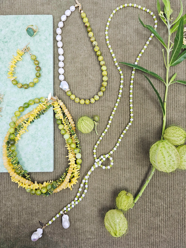 Artistic Green And Yellow Gemstone Multi-Layer Chunky Necklace SN035