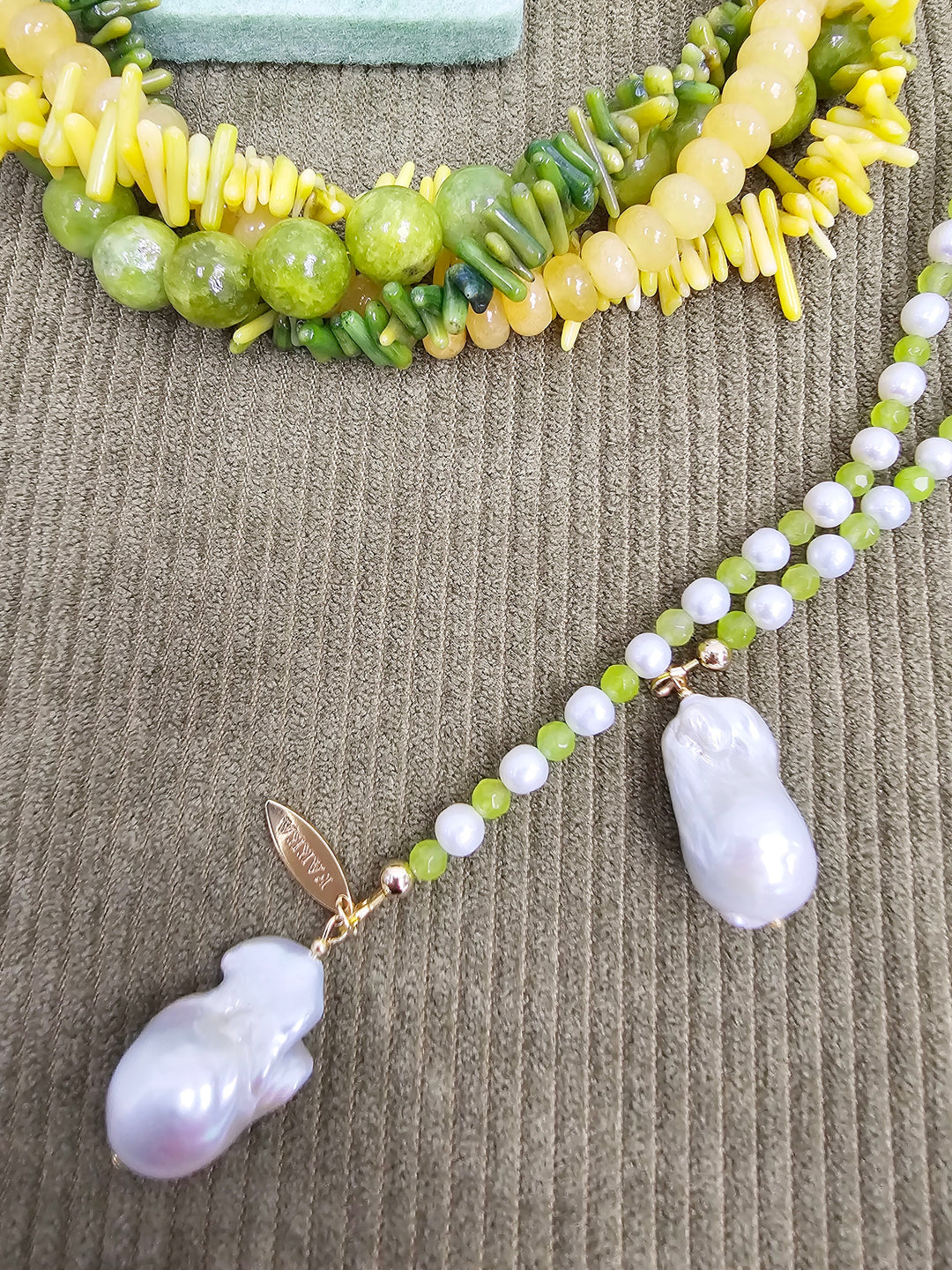 Pearl And Green Agate With Baroque Pearl Drops Open Ended Long Necklace SN036
