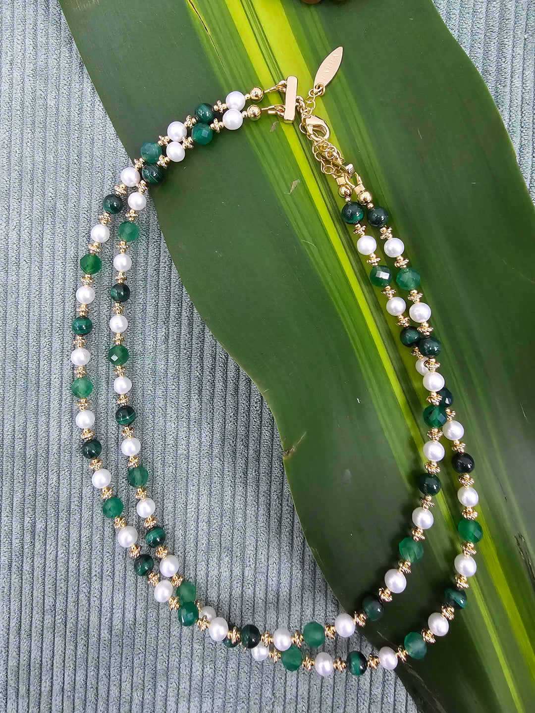 Green Gemstone And Freshwater Pearls Double Layers Necklace SN024