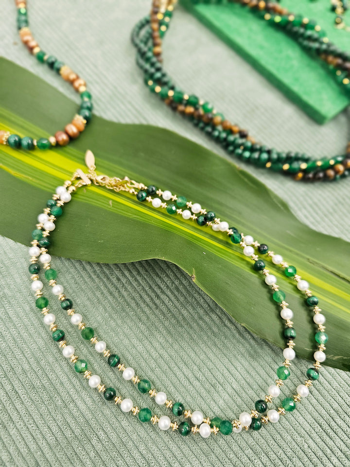Green Gemstone And Freshwater Pearls Double Layers Necklace SN024