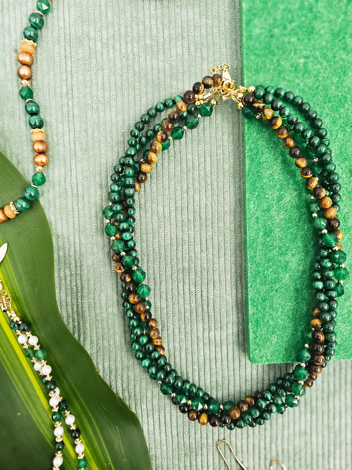 Green Gemstone With Brown Tiger-eye Stone Multi-Layers Necklace SN025