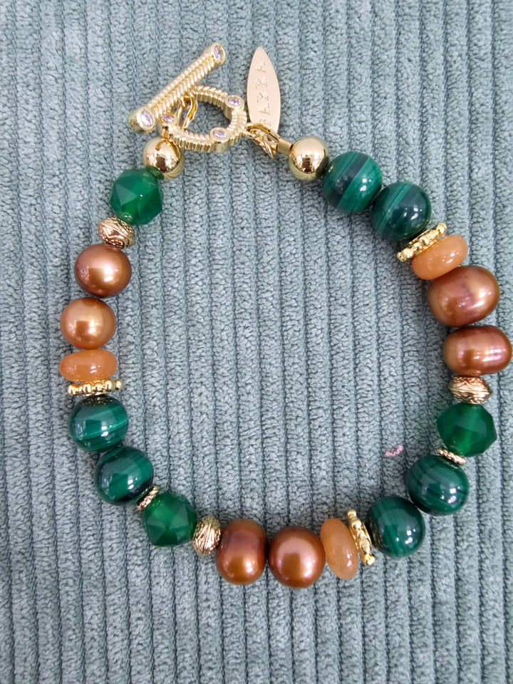 Vintage Style Malachite With Brown Freshwater Pearl And Gemstone Bracelet SB011