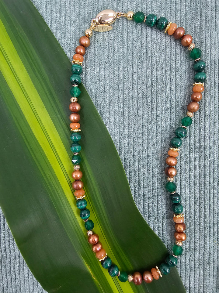 Vintage Style Malachite With Brown Freshwater Pearl And Gems Necklace SN023