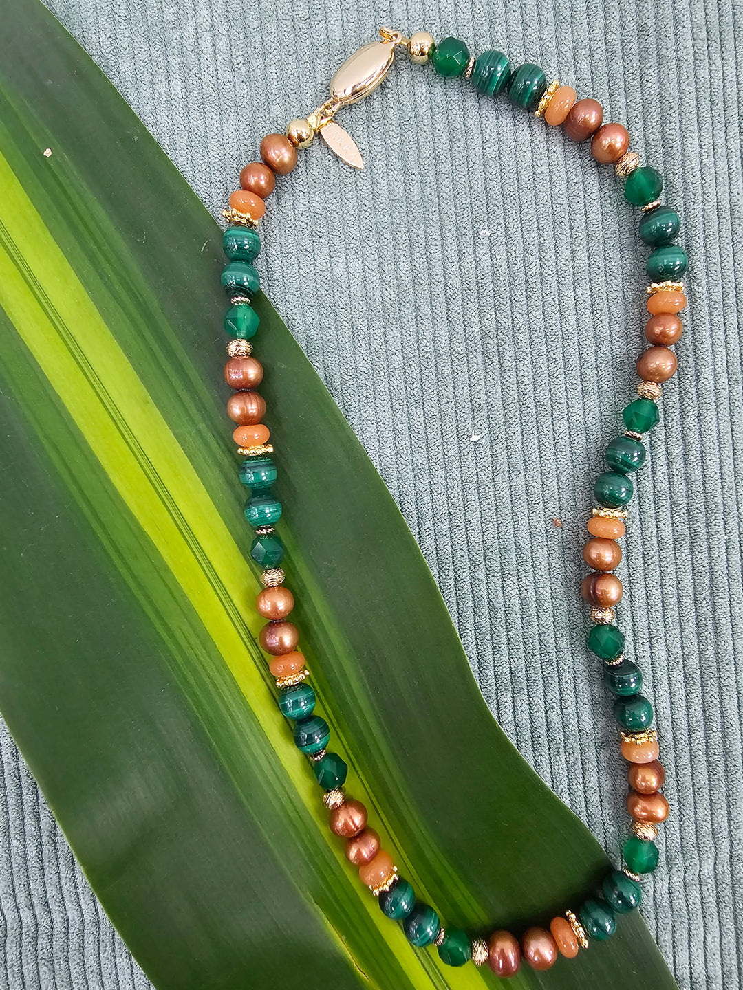 Vintage Style Malachite With Brown Freshwater Pearl And Gems Necklace SN023