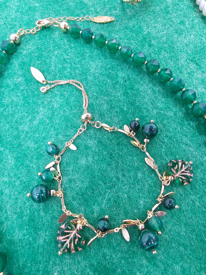 Natural-Inspired Malachite With Leaves Charm Bracelet SB014