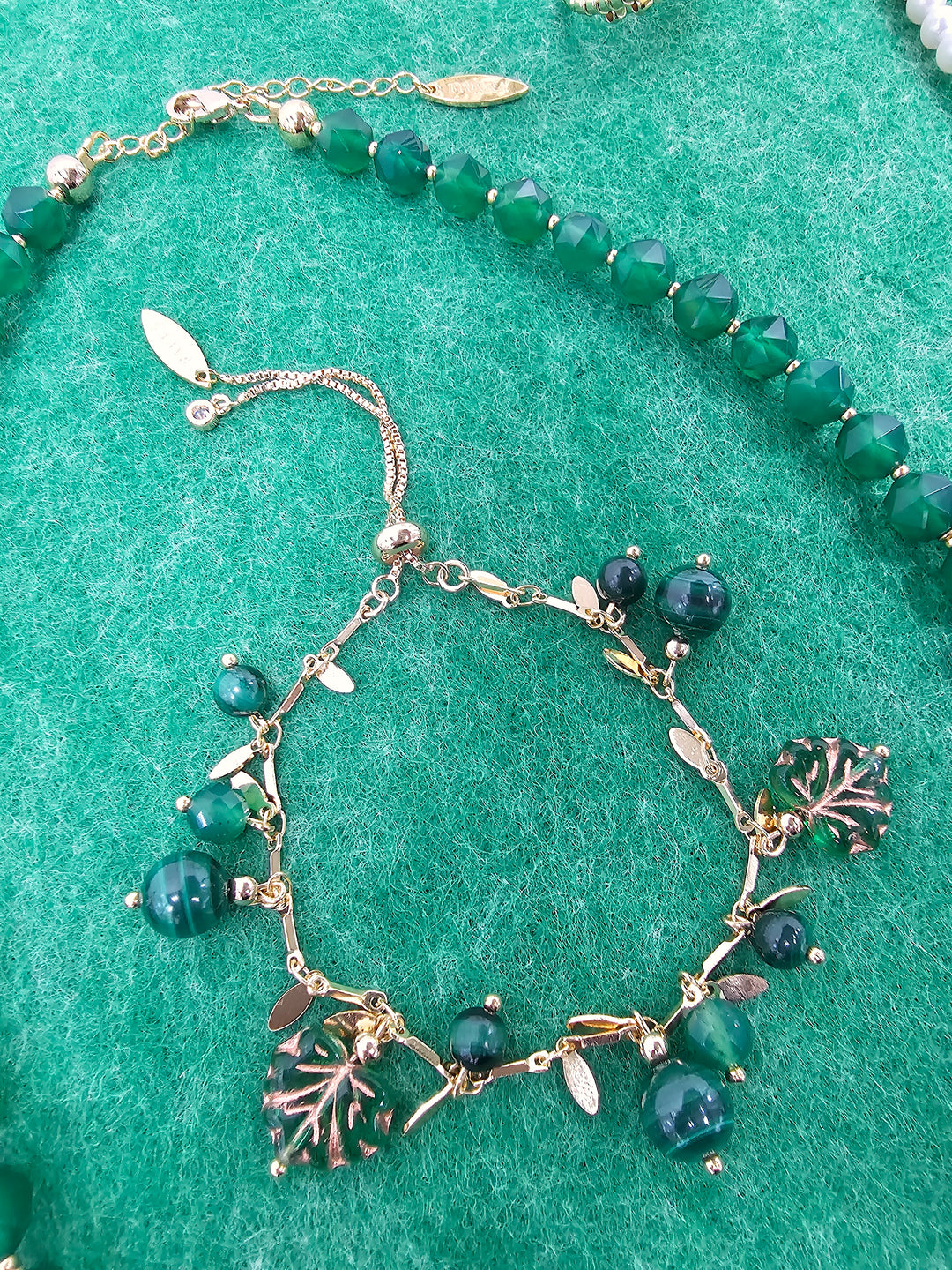 Natural-Inspired Malachite With Leaves Charm Bracelet SB014