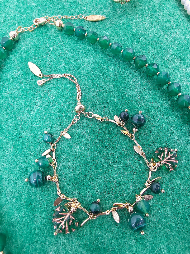 Natural-Inspired Malachite With Leaves Charm Bracelet SB014