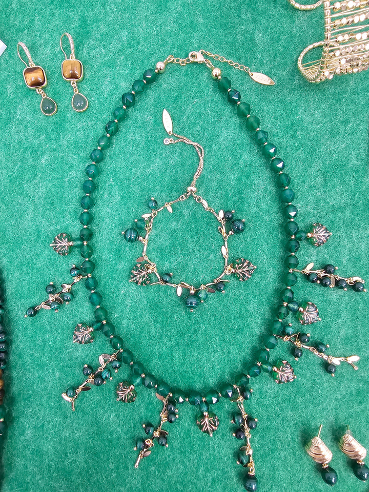 Natural Inspired Green Gemstone With Leaves Charm Tassel Necklace SN026