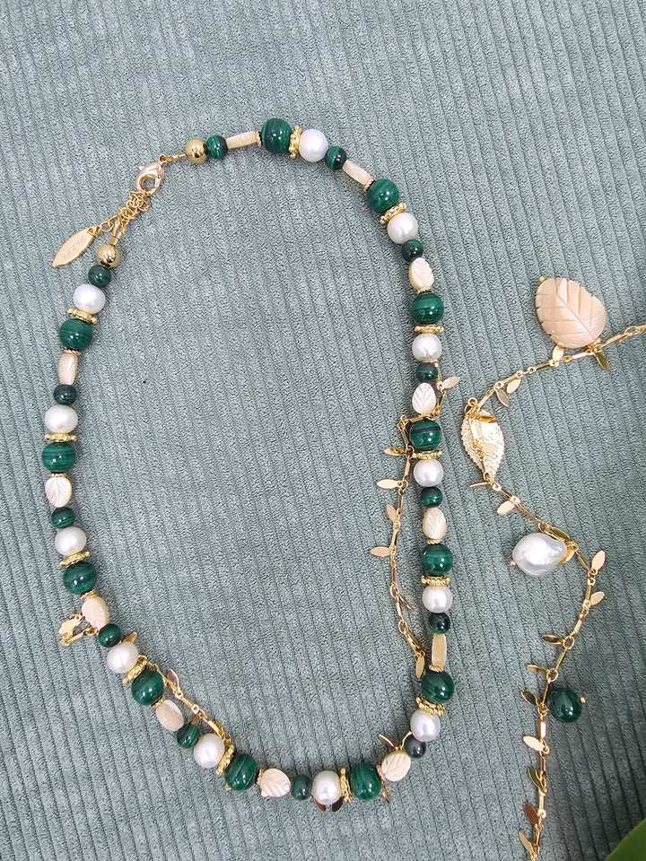 Boho Chic Malachite With Leaves Shell And Pearls Layered Necklace SN028