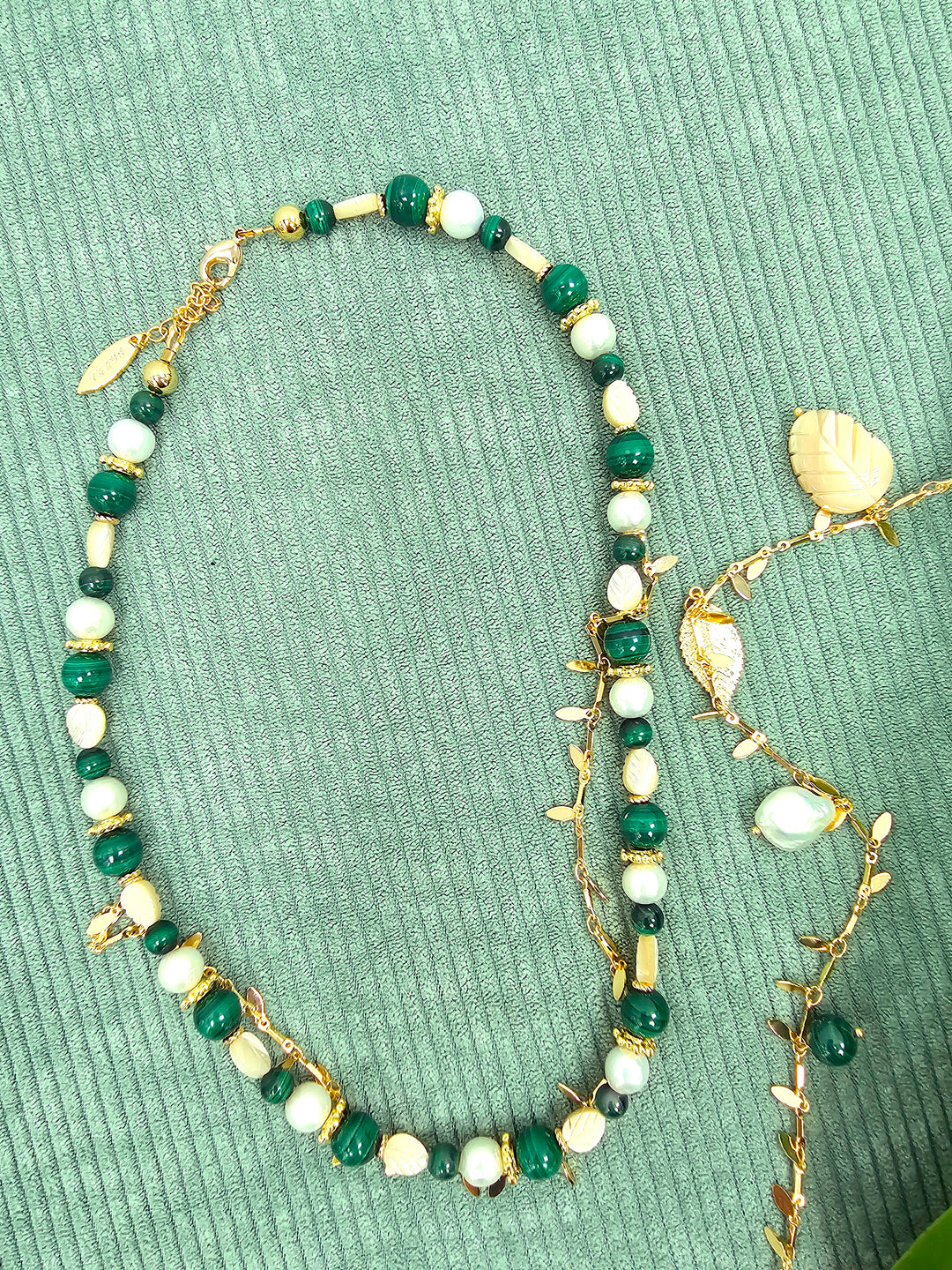 Boho Chic Malachite With Leaves Shell And Pearls Layered Necklace SN028
