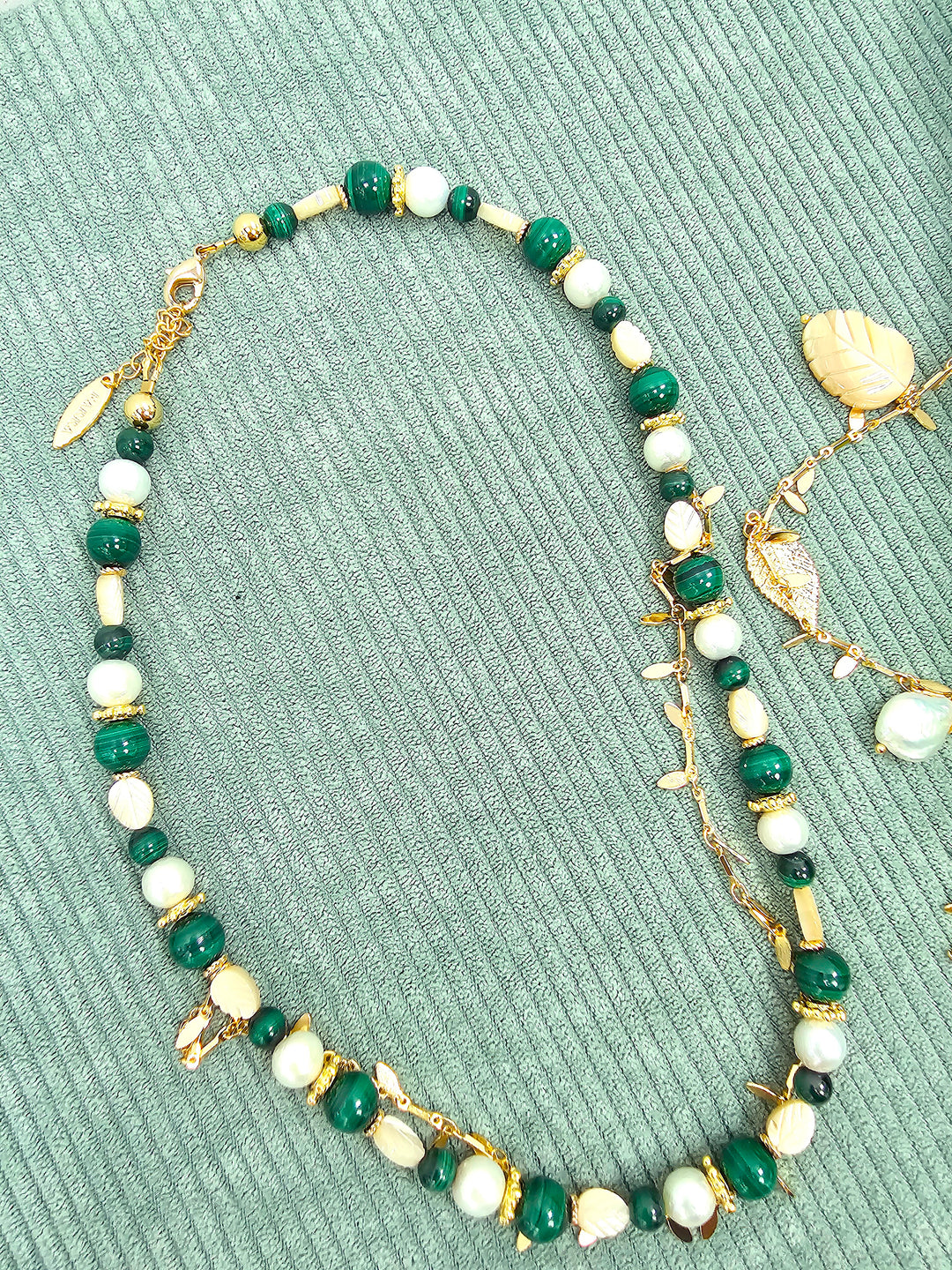 Boho Chic Malachite With Leaves Shell And Pearls Layered Necklace SN028