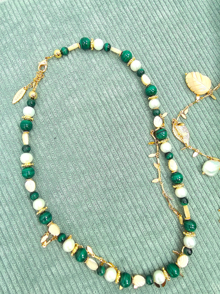 Boho Chic Malachite With Leaves Shell And Pearls Layered Necklace SN028