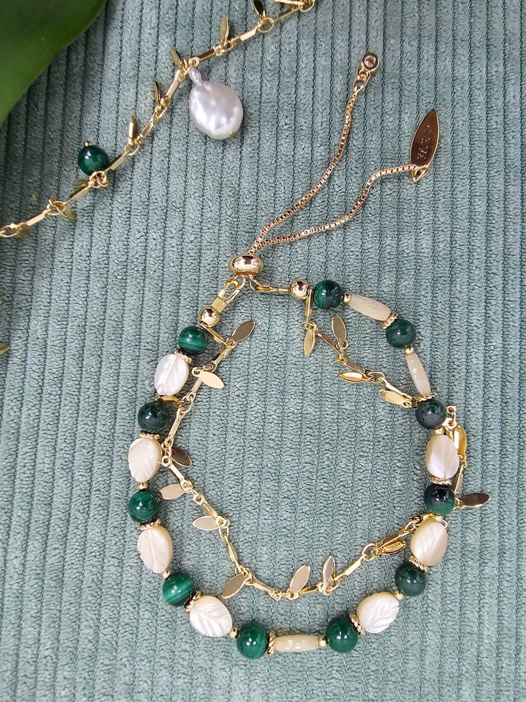 Boho Chic Malachite With Shell Leaves Layered Bracelet SB015