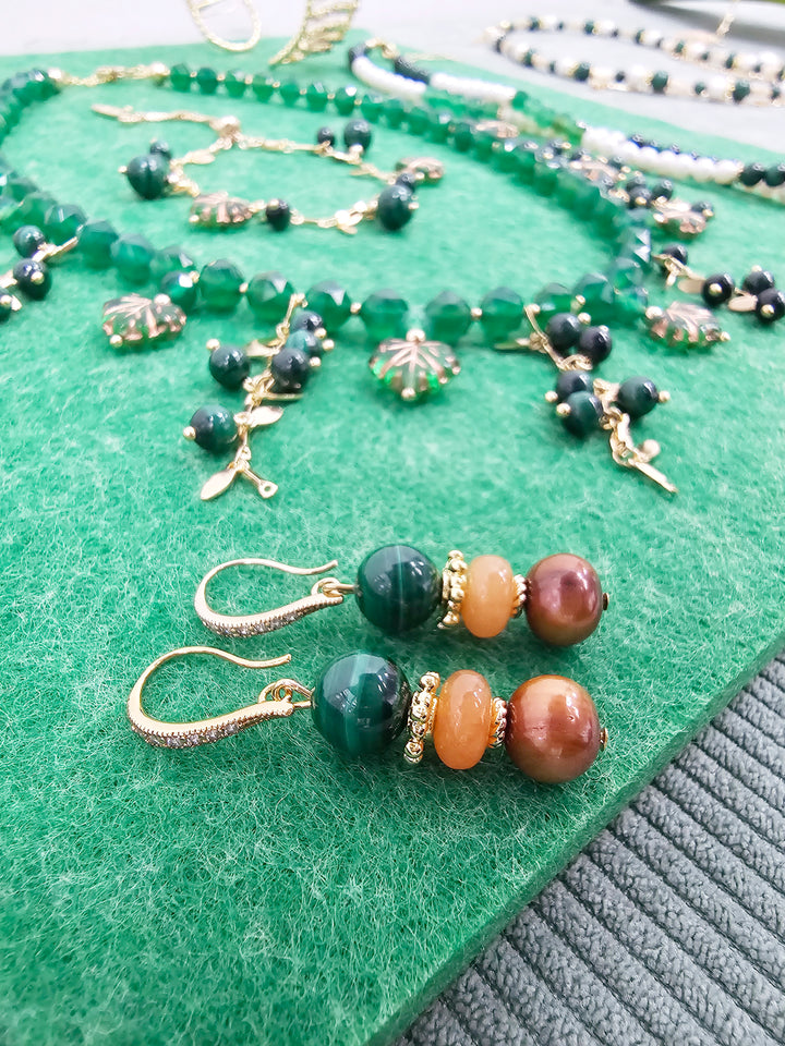 Malachite With Brown Freshwater Pearl And Gems Earrings SE017