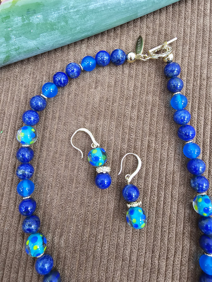 Lapis Lazuli and Colorful Glass Bead Gold Hook Drop Earrings SE010