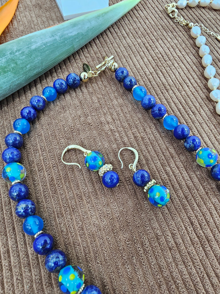 Lapis Lazuli and Colorful Glass Bead Gold Hook Drop Earrings SE010