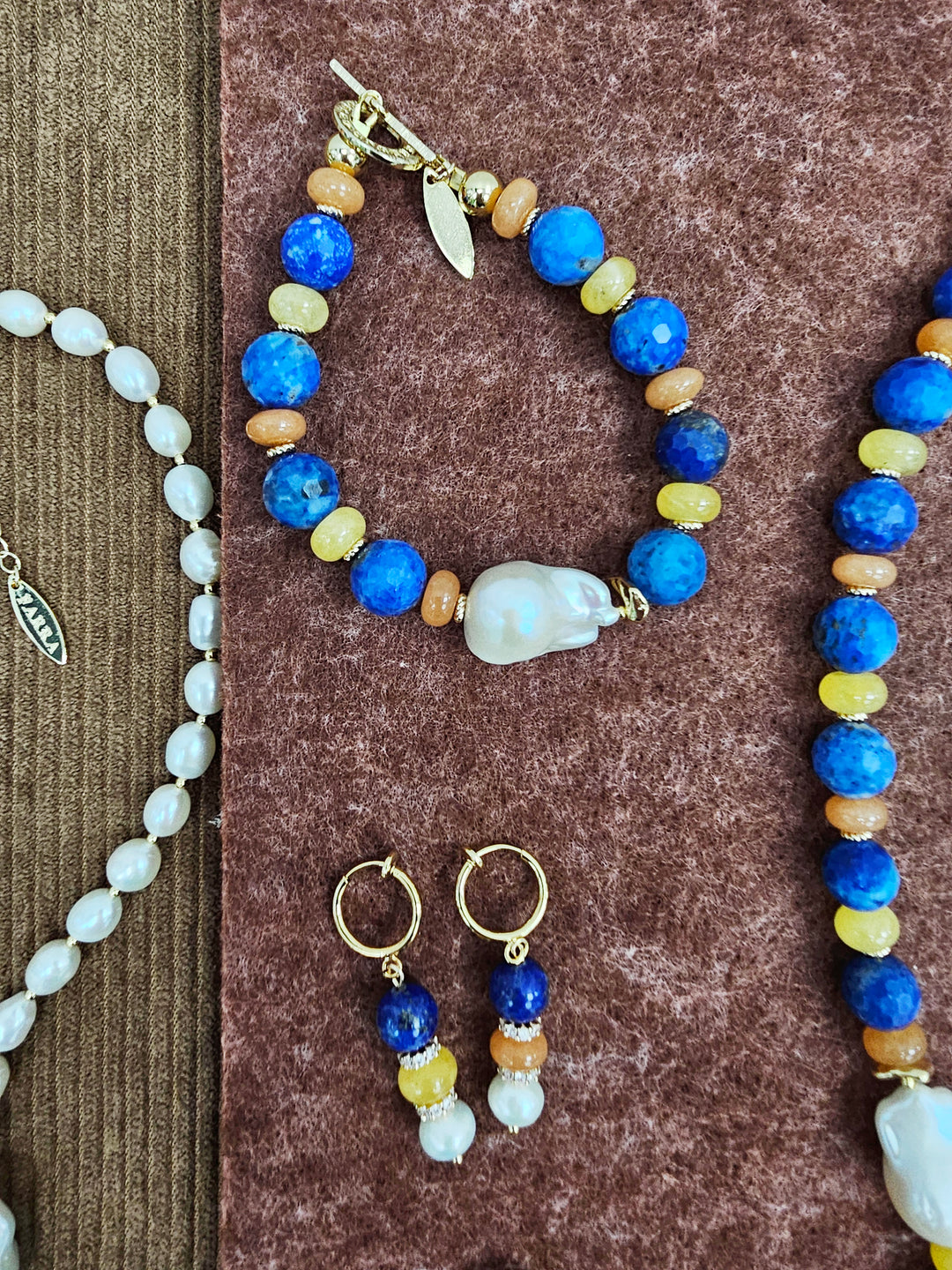 Pierced-Free Lapis Colorful Gemstone With Pearl Gold Clip-On Earrings SE011