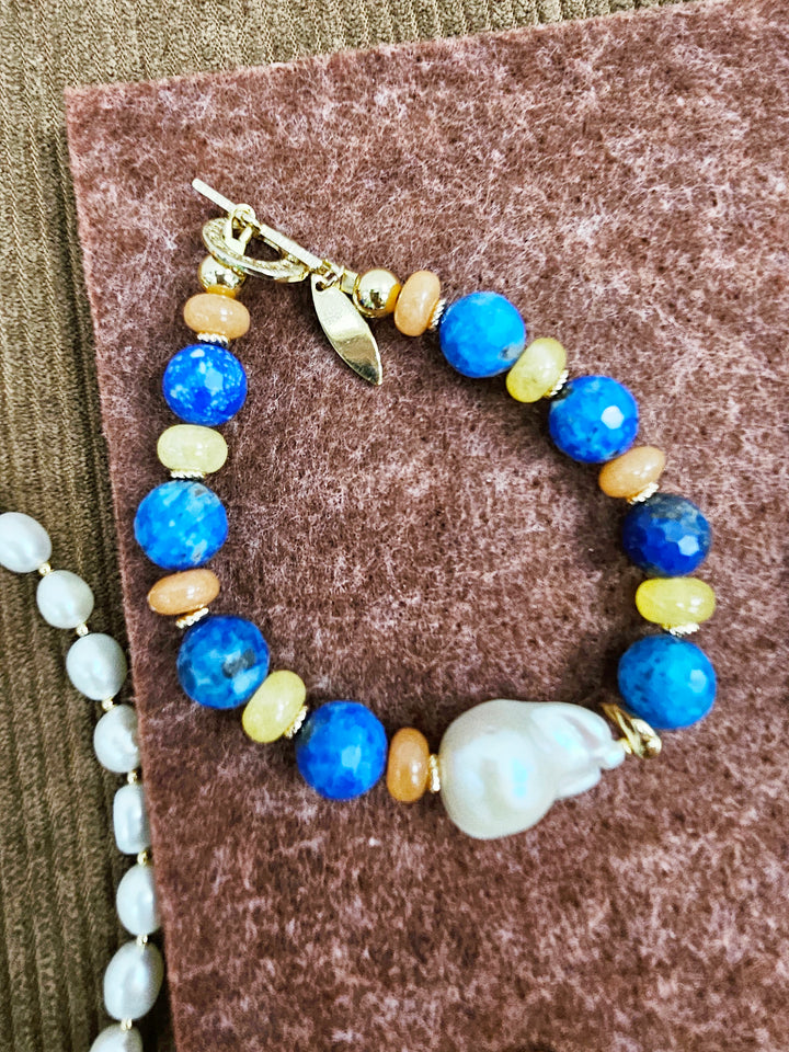 Lapis And Colorful Gemstone With Baroque Pearl Bracelet SB008