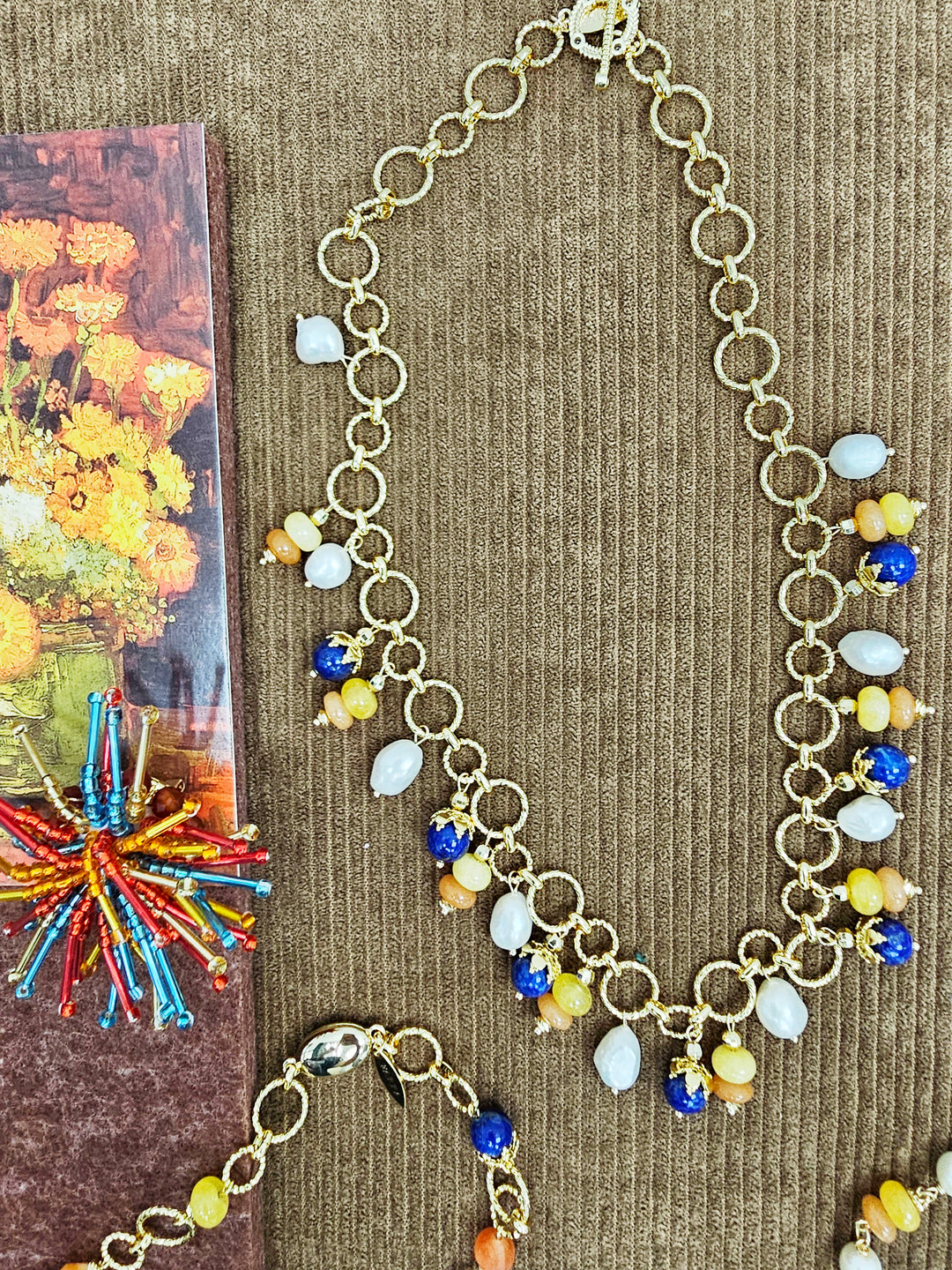 Artistic Colorful Gemstone With Freshwater Pearl Charms Statement Necklace SN021