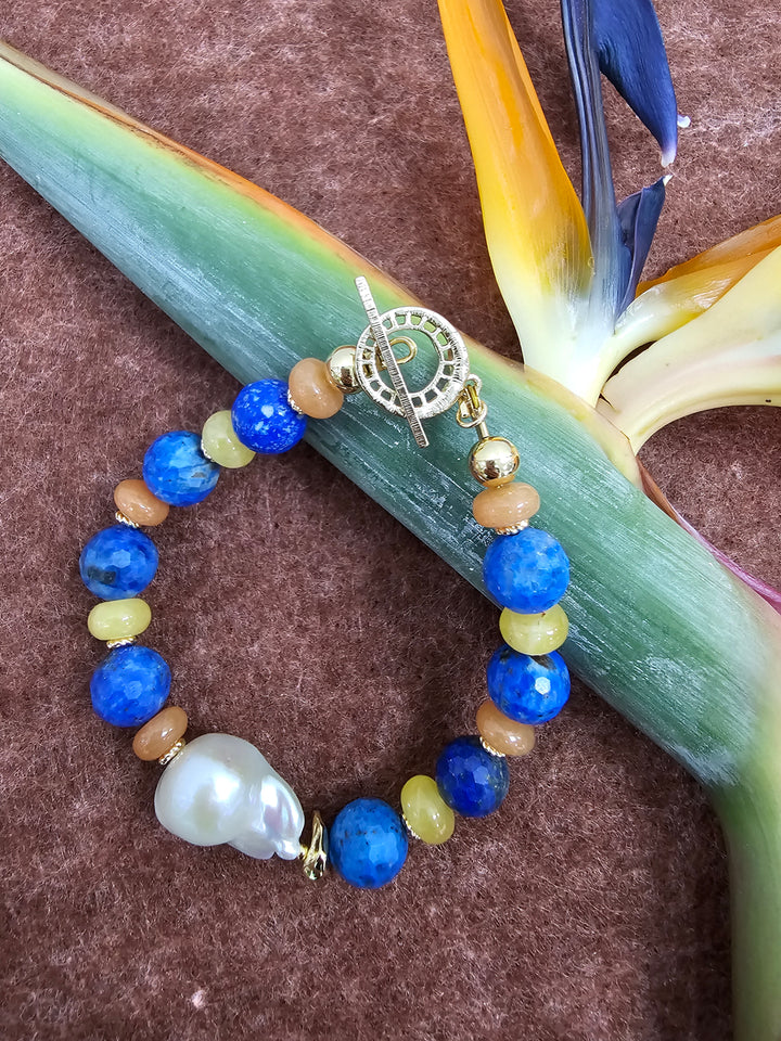 Lapis And Colorful Gemstone With Baroque Pearl Bracelet SB008