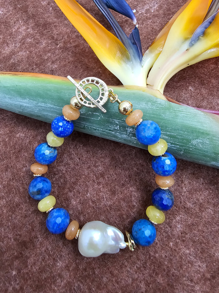 Lapis And Colorful Gemstone With Baroque Pearl Bracelet SB008