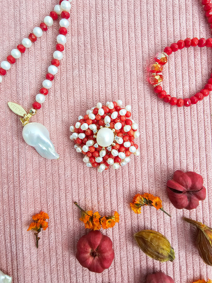 Flower Handcrafted Red Bamboo Coral And Freshwater Pearl Brooch SP001