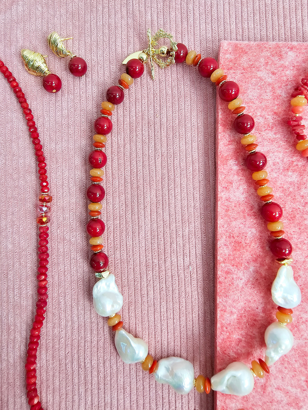 Red Bamboo Coral With Baroque Pearls Statement Necklace SN003
