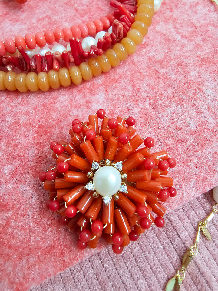 Flower Handcrafted Red Bamboo Coral Brooch SP003