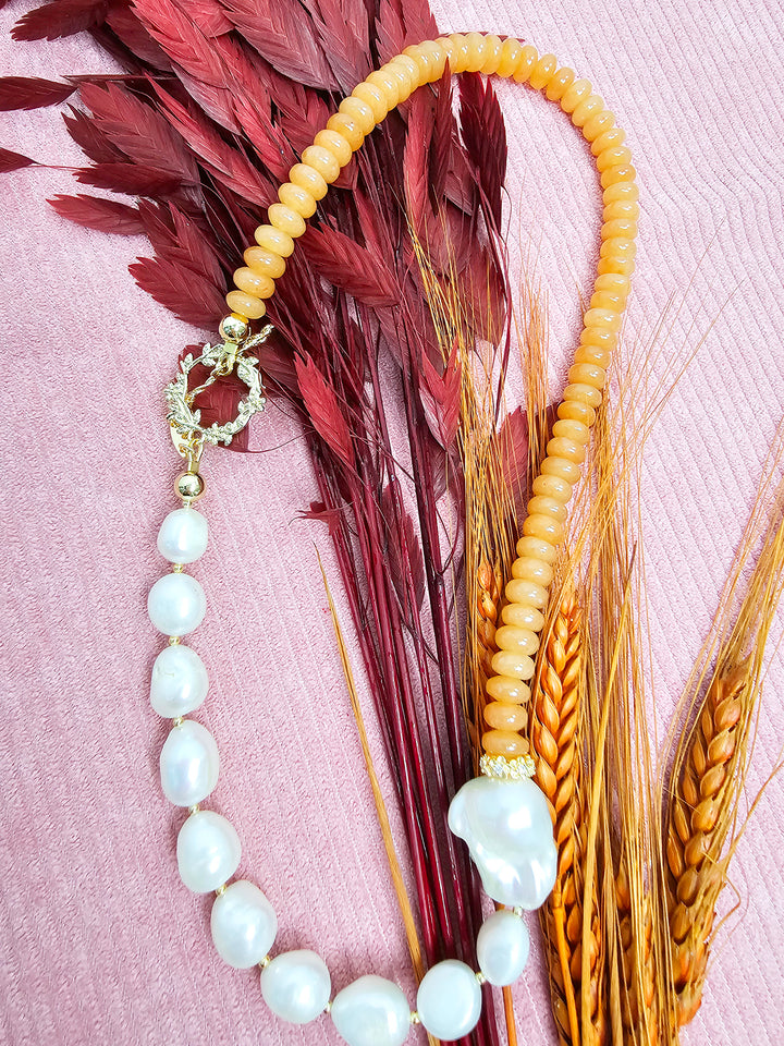 Orange Aventurine With Freshwater Baroque Pearl Necklace SN008
