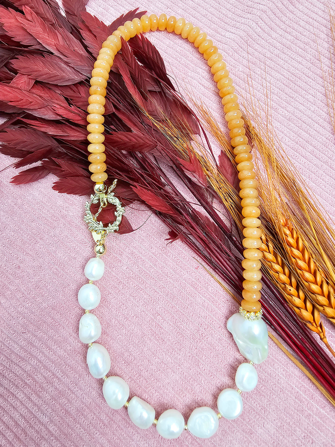 Orange Aventurine With Freshwater Baroque Pearl Necklace SN008