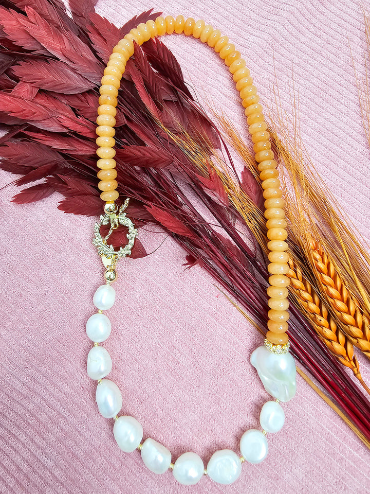 Orange Aventurine With Freshwater Baroque Pearl Necklace SN008