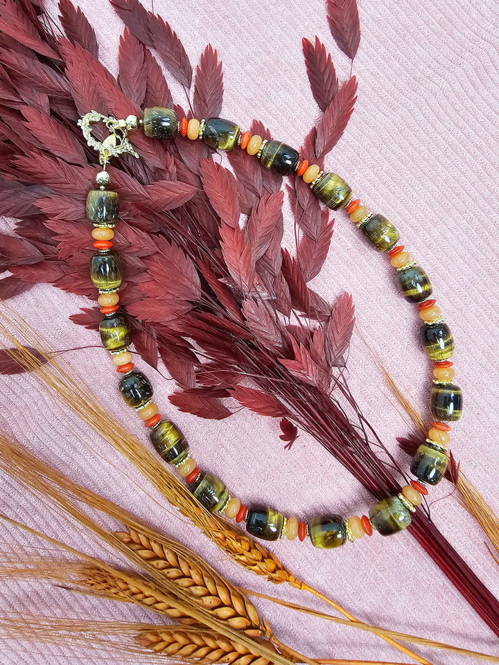 Nugget Tiger-eye Stone With Orange Gemstone Necklace SN007