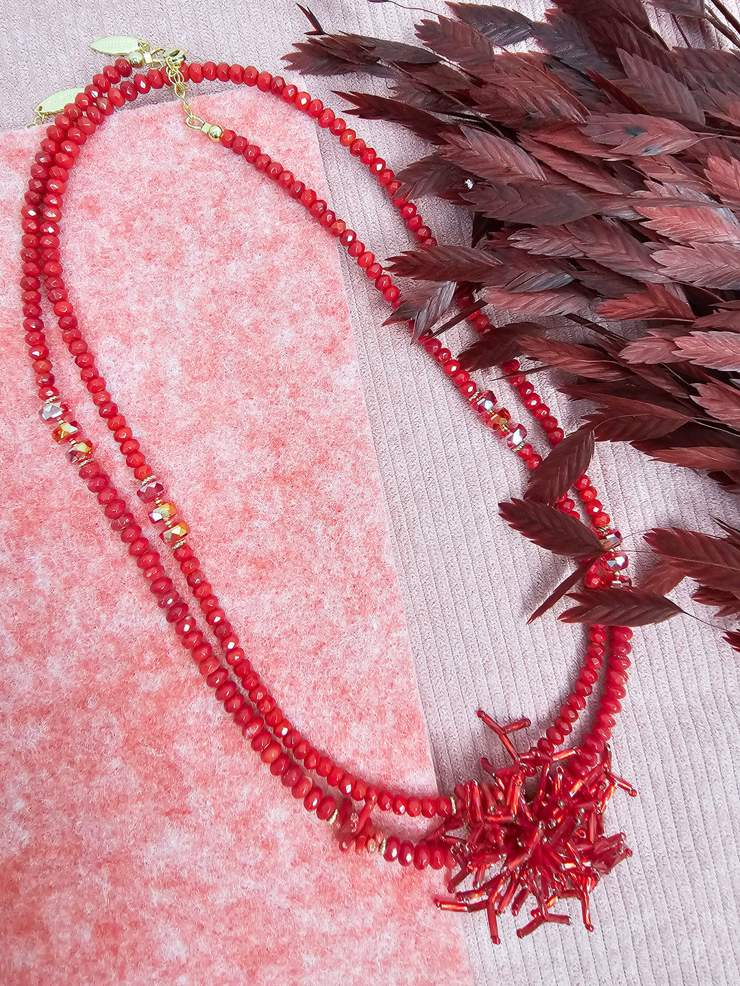 Red Bamboo Coral Long Necklace with Removable Flower Pin SN002
