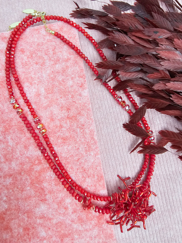 Red Bamboo Coral Long Necklace with Removable Flower Pin SN002