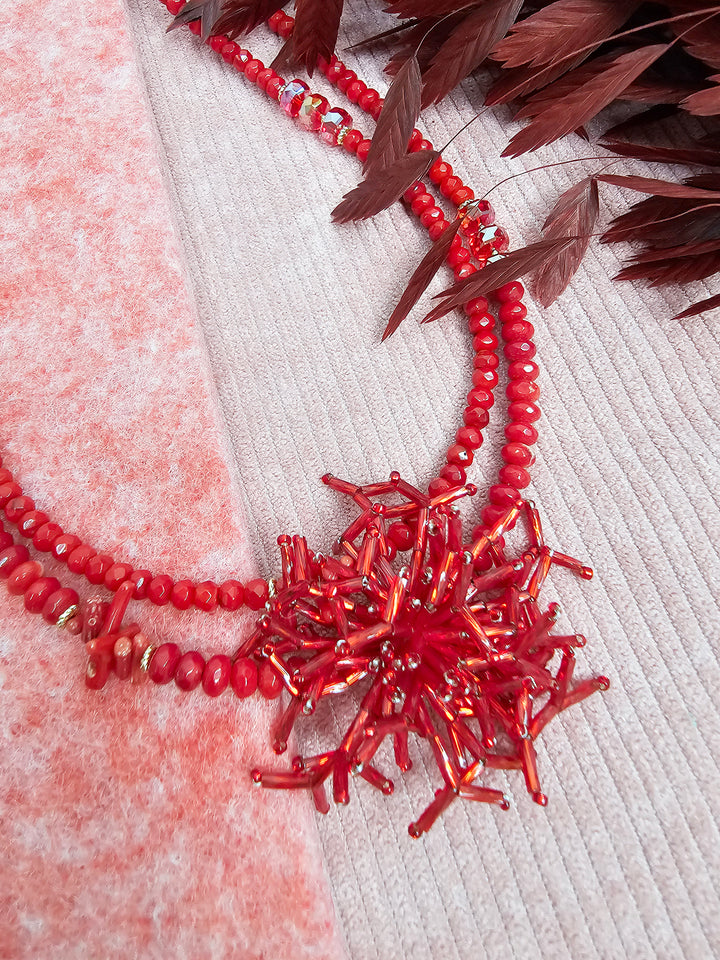 Red Bamboo Coral Long Necklace with Removable Flower Pin SN002