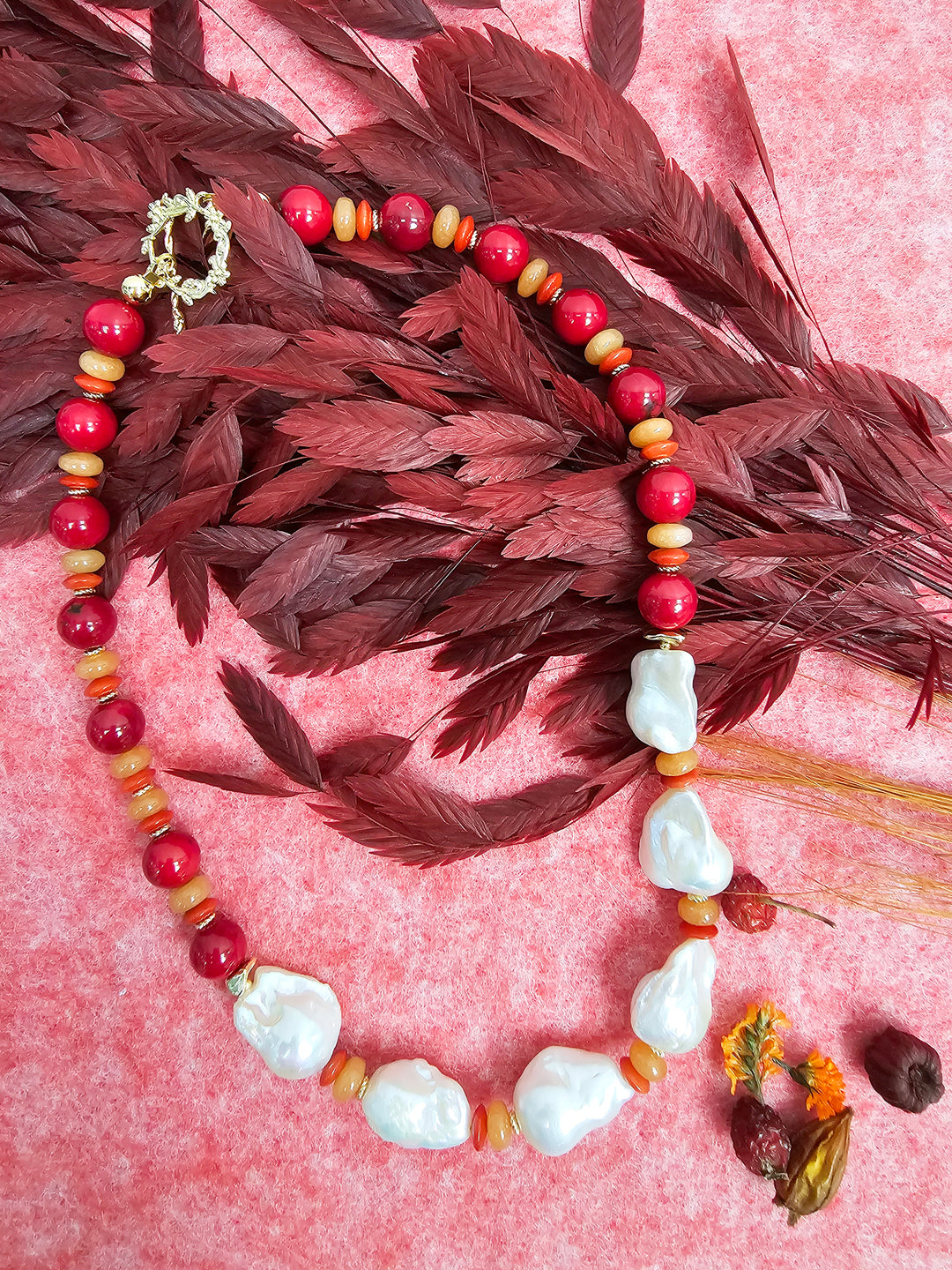 Red Bamboo Coral With Baroque Pearls Statement Necklace SN003