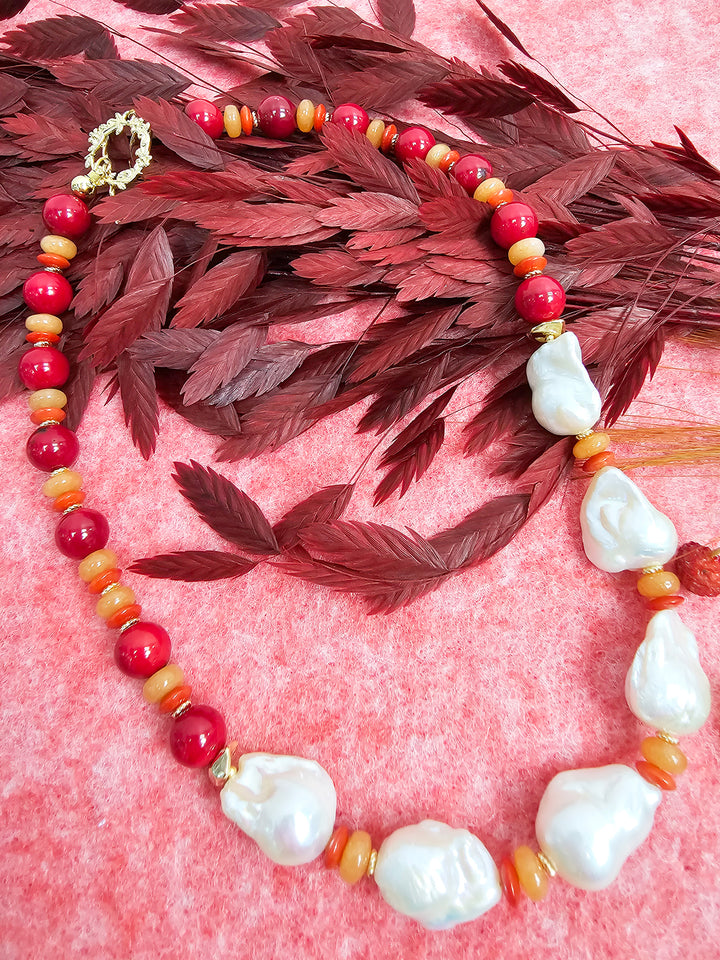 Red Bamboo Coral With Baroque Pearls Statement Necklace SN003