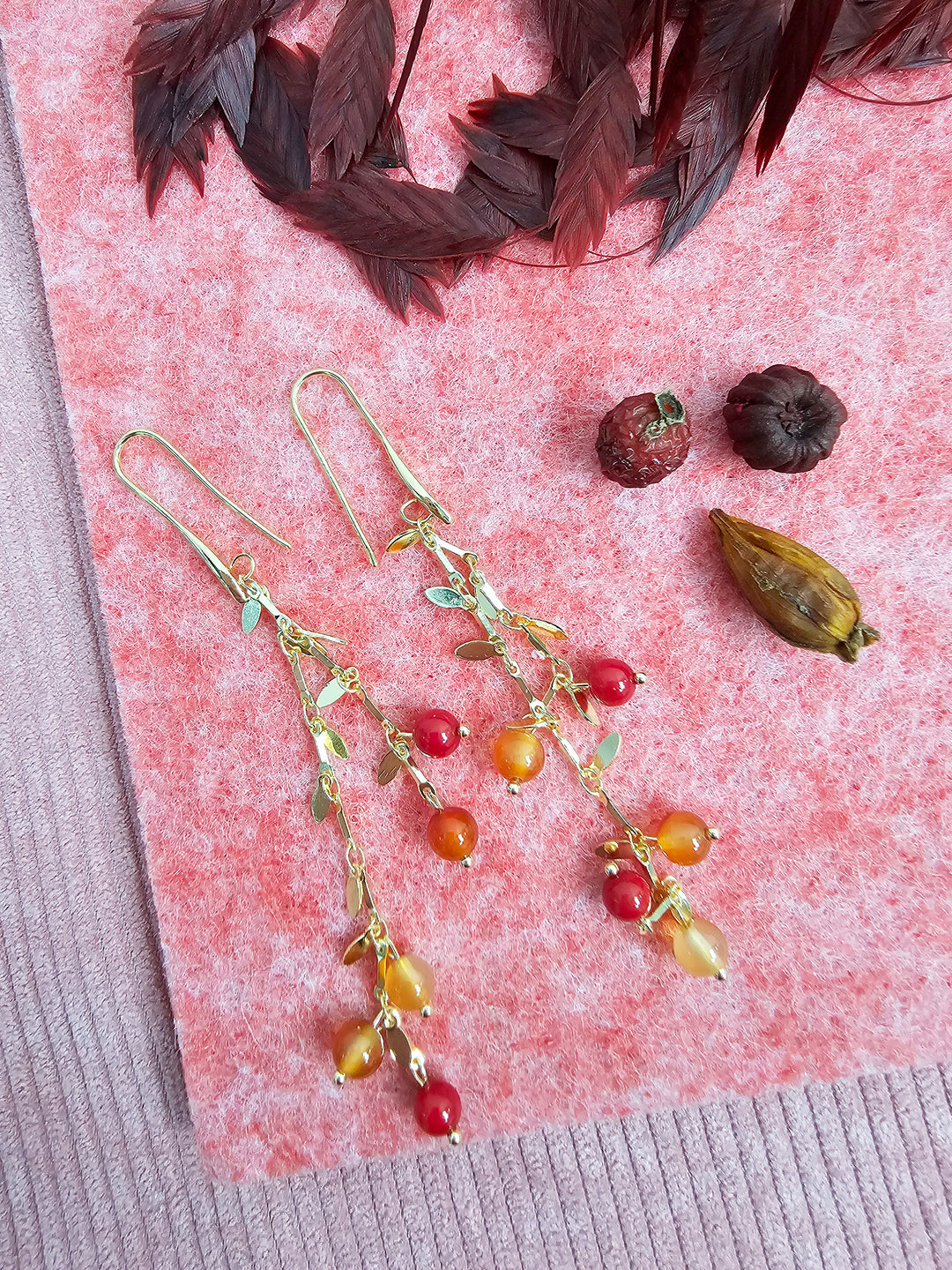 Red Bamboo Coral Orange Agate Drop Earrings SE004
