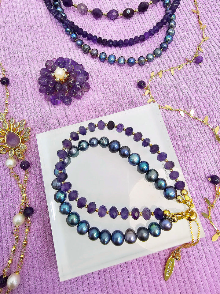 Amethyst With Purple Freshwater Pearl Double Layers Bracelet SB007