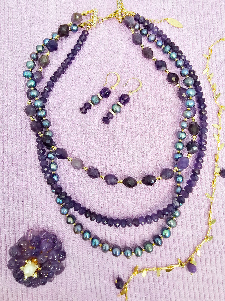 Elegant Amethyst With Purple Pearl Multi-Layers Necklace SN014