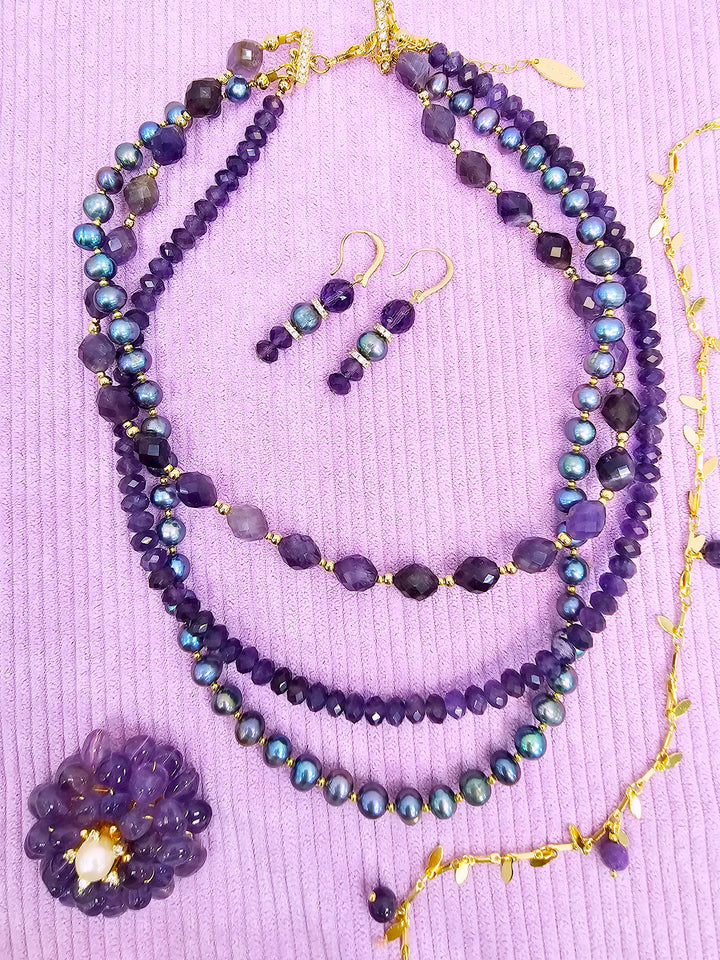 Elegant Amethyst With Purple Pearl Multi-Layers Necklace SN014