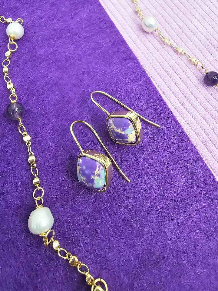 Minimalist Square Shaped Imperial Jasper Hoop earrings SE008