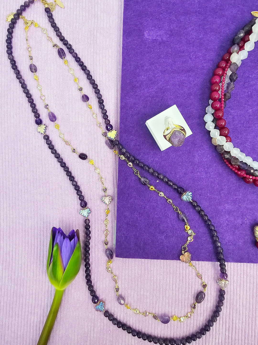 Amethyst Starnd With Leaves Long Necklace SN011