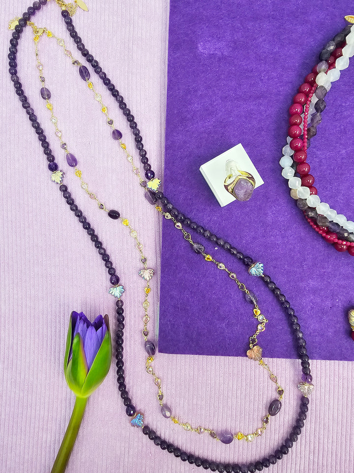 Amethyst Starnd With Leaves Long Necklace SN011