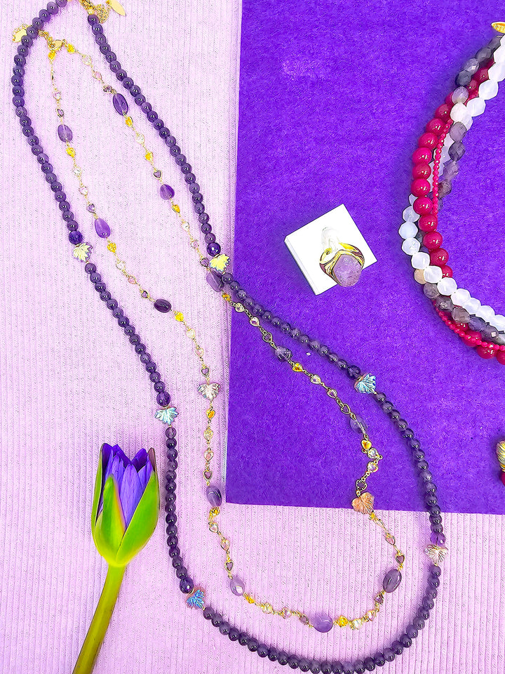 Colorful Zircon Chain With Amethyst Station Long Necklace SN010