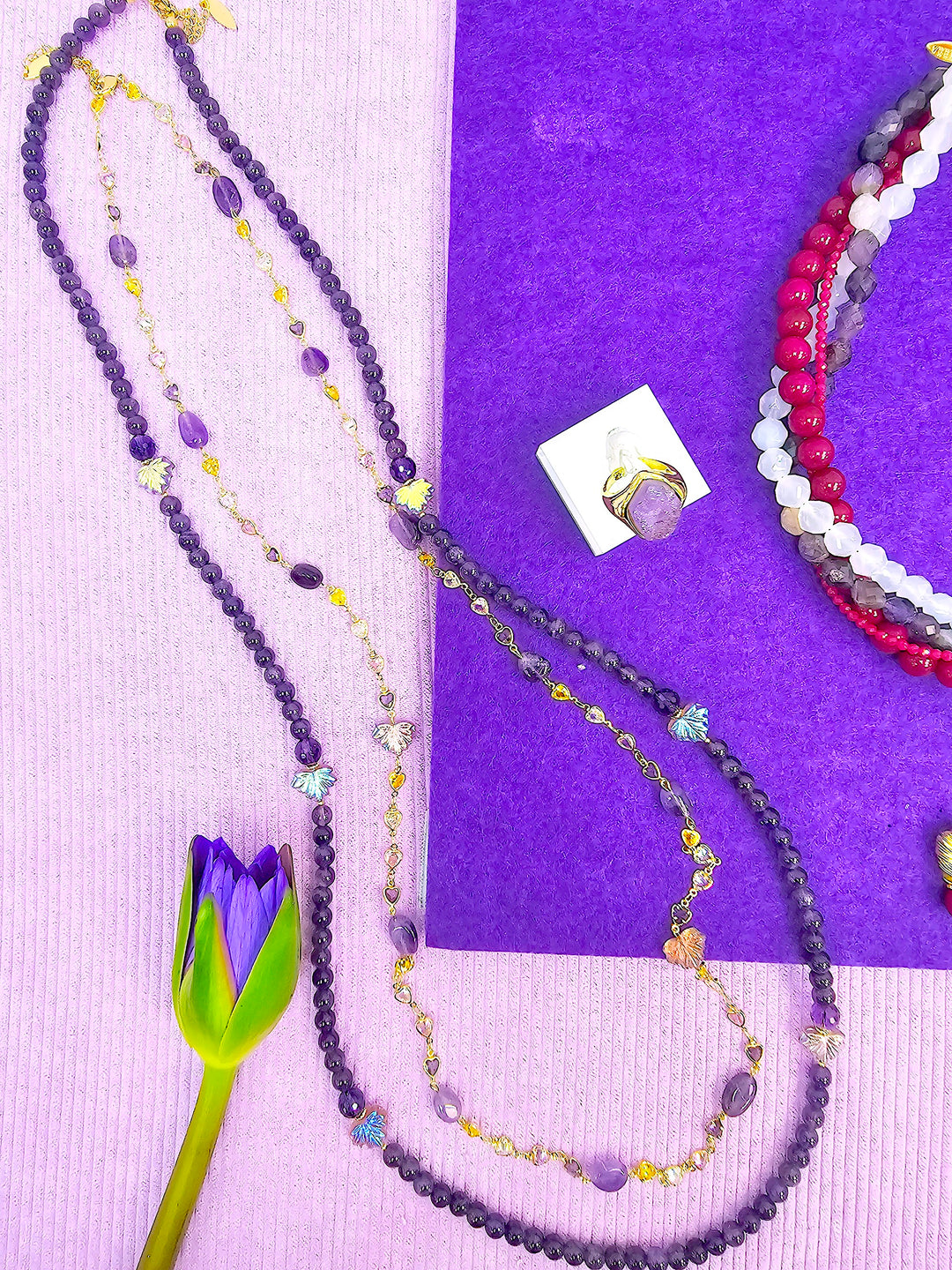 Amethyst With Leaves Long Necklace SN011