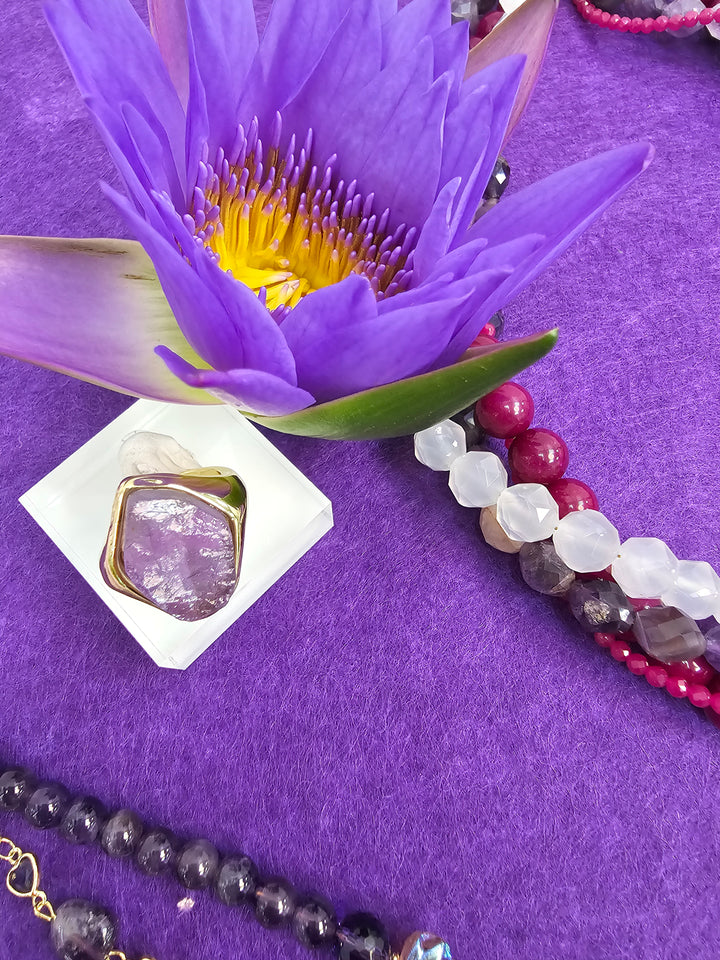 Unpolished Amethyst Stone Open Band Ring SR004